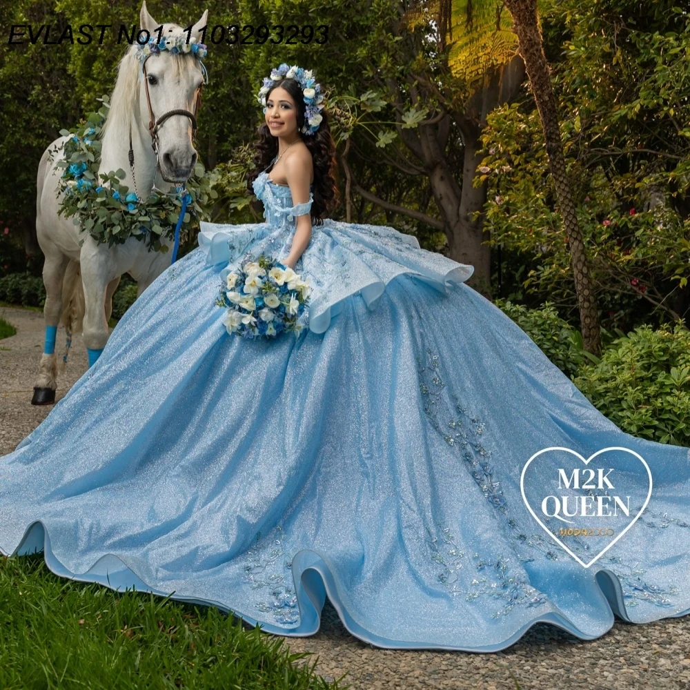 

EVLAST индивидуальное небесно-голубое бальное платье 2025 года, платье Quinceanera с цветочной аппликацией и бисером, многоуровневое сладкое платье 16, Vestidos De 15 Anos E1Q948