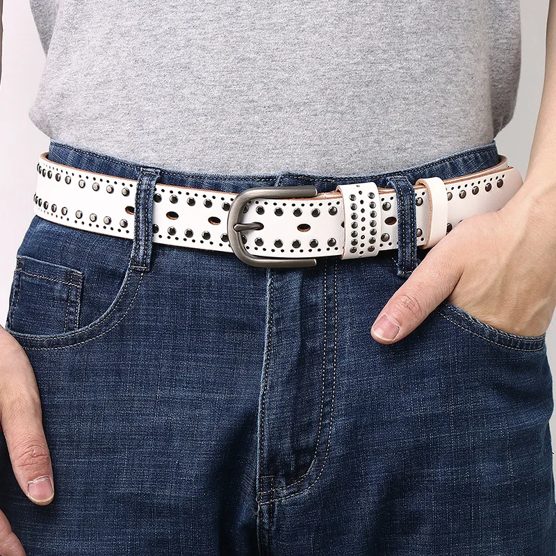 Clickclark Mens/ Women Studded Genuine Leather Belts For Jeans Vintage Retro Circle Rivets Belt With Buckle Black / White