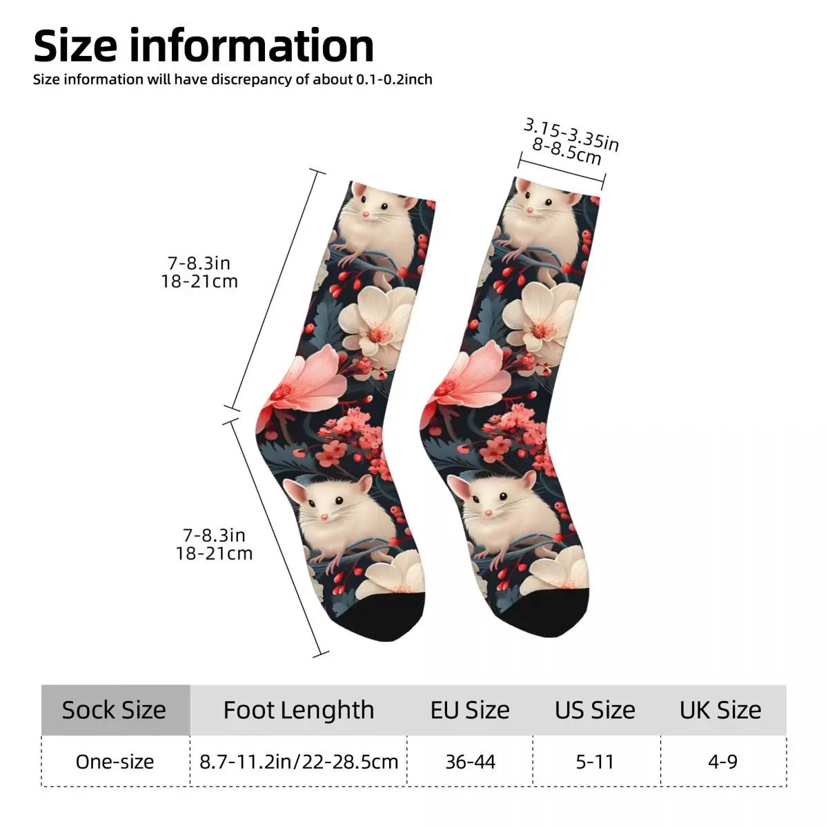 Elin-Chaussette de compression pour homme, blanc baie, souris, floral, rose, bleu, impression, Harajuku, sans couture, motif, équipage, nouveauté, hiver