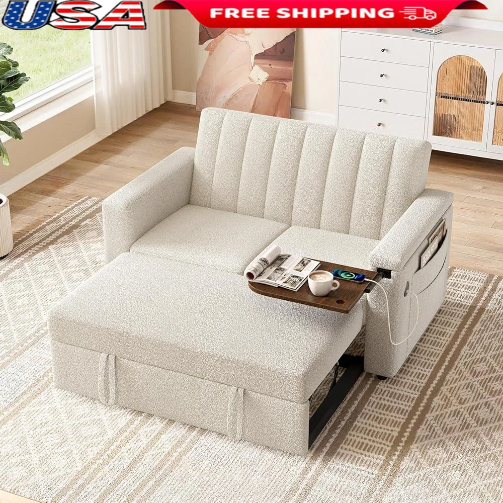 

54in Sleeper Sofa Bed 3-in-1 Convertible Couch with Hidden Side Table USB Charging Ports Adjustable Backrest Built-in Storage