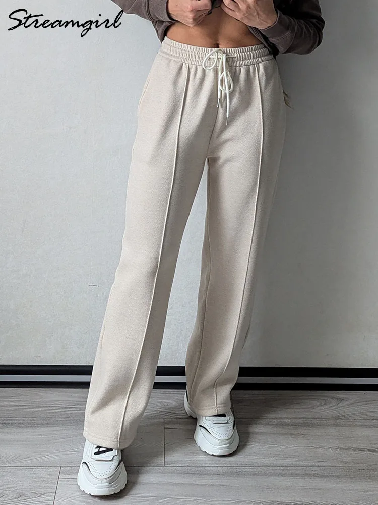 Streamgirl Warm Winter Wool Pants Women With Fleece Trousers High Waist Velvet Straight Leg Pants For Women Elastic Waist