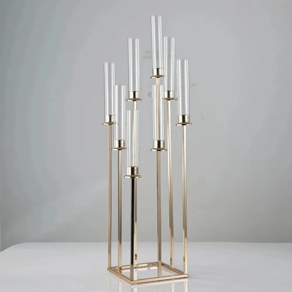 

5pcs 10pcs 8heads 9heads gold acrylic candle holder pillar candles metal stand for wedding stage decoration metal candle walkway