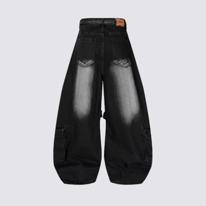 MWJLPWQ American-Style High Street Gradient Distressed Work Multiple Pockets Woven Drawstring Wide-Leg Jeans Autumn Trendy 20020