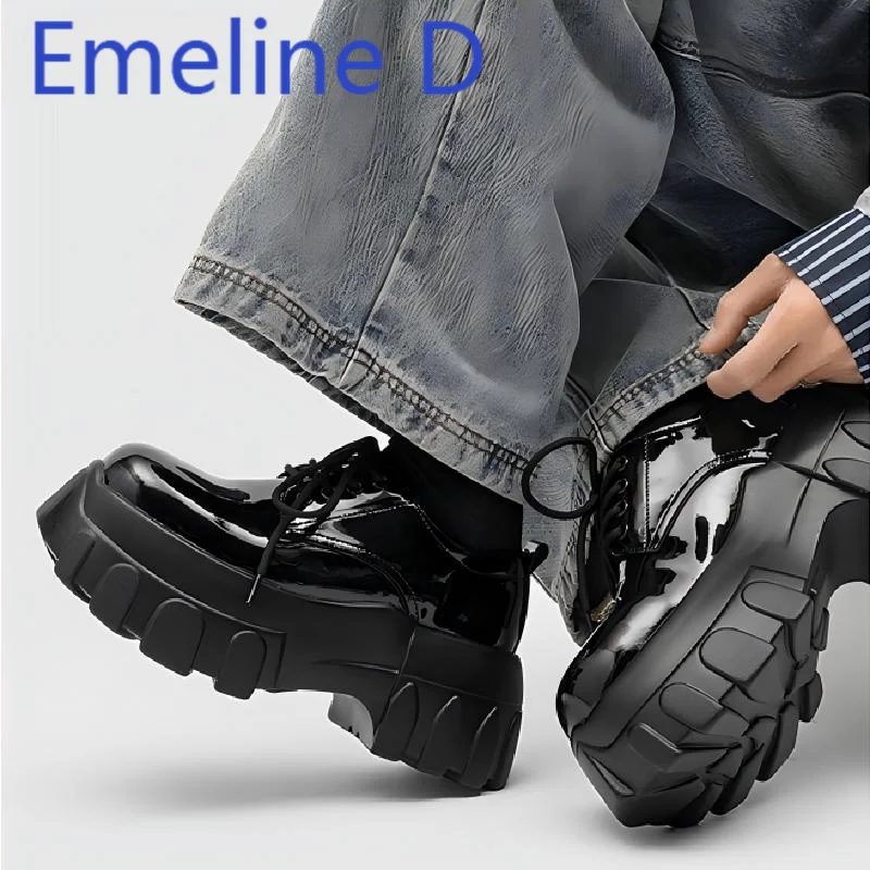 

Bright Faced Thick Soled Sponge Shoes British Style Lace Up Round Toe Patent Leather Casual Versatile Height Increasing Shoes