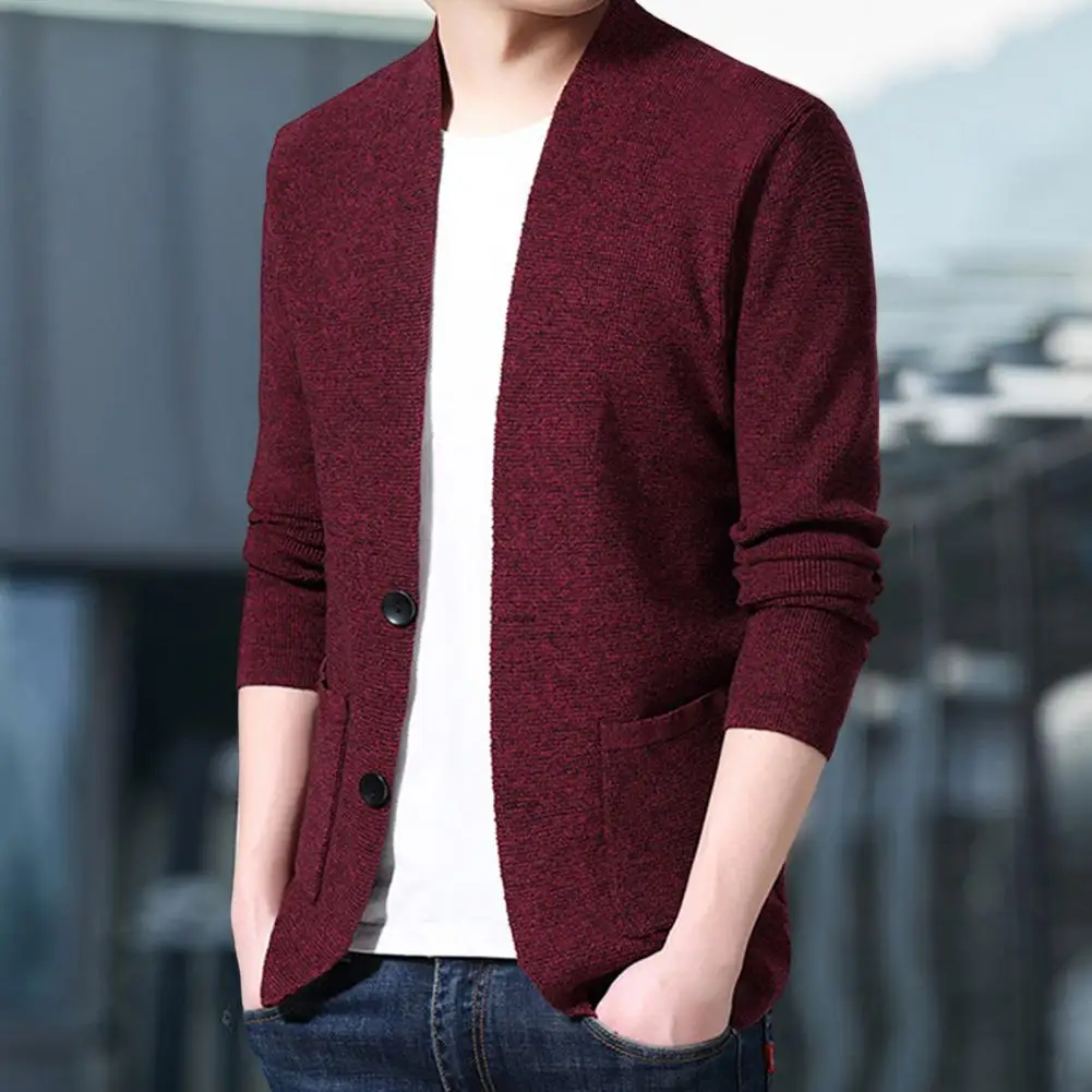 

Men Sweater Coat Single-breasted Long Sleeves Stand Collar Knitting Solid Color Warm Elastic Fall Coat for Daily Wear