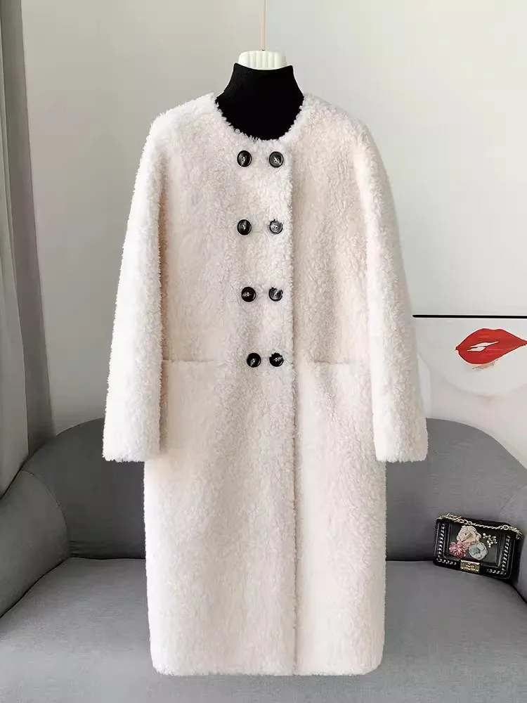 Winter Women Double Breasted Real Wool Jacket Straight Mid Long Overcoat Female Casual O Neck Thick Warm Natural Sheep Fur Coat