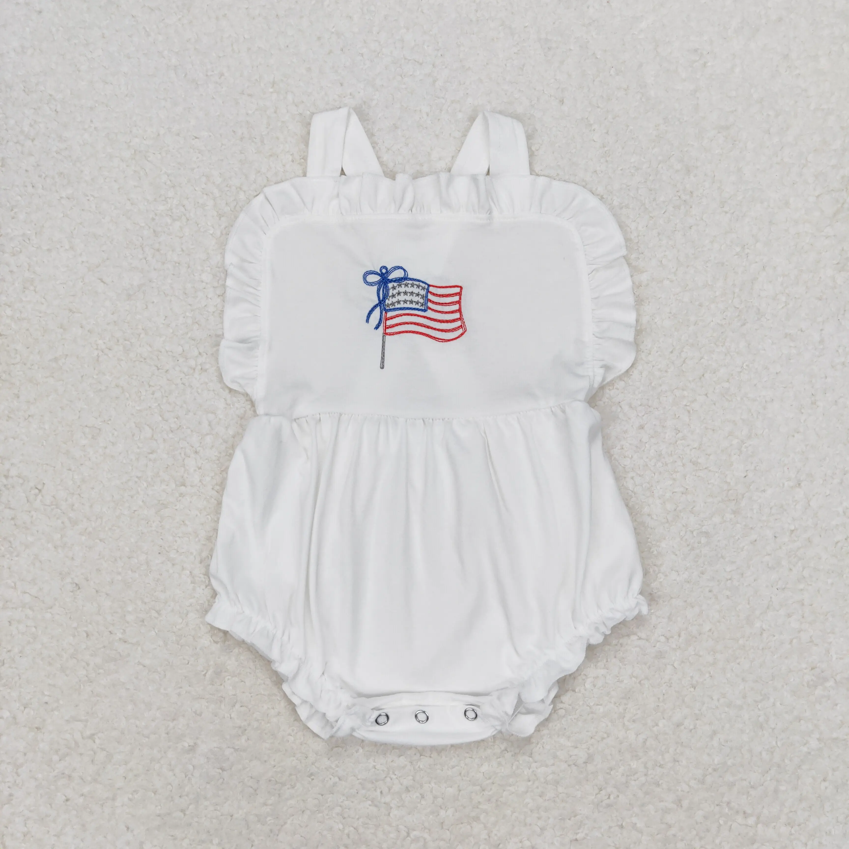 SR1548 Wholesale baby girls clothes National day embroidered flag white vest jumpsuit Wholesale Summer Boutique baby rompers