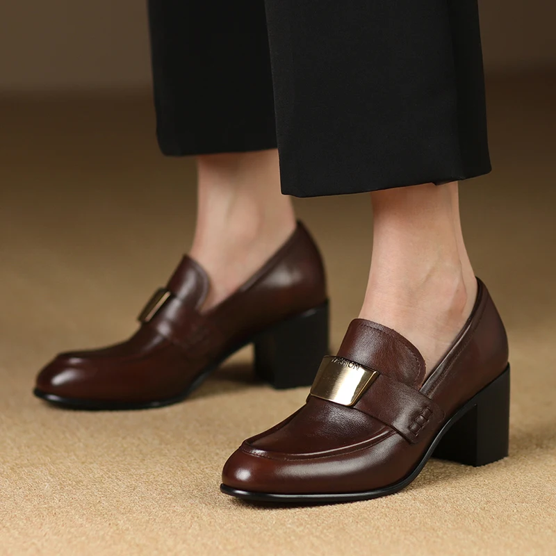 Women's Shoes Round Toe Dress Work Pumps British Style Slip On Spring Autumn 2025 Women Loafers Cowhide Retro Thick Heeled