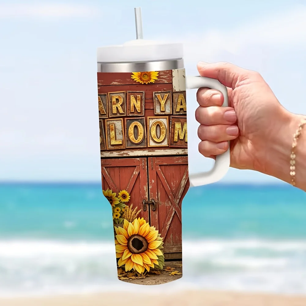 40Oz Tumbler with Handle And Straw, Barnyard Blooms Red Barn Sunflower Print, Suitable for Rural Style Lovers, Can Be Used in Summer And Winter, Holds Hot And Cold Drinks, Perfect for Daily Outdoor Indoor Use