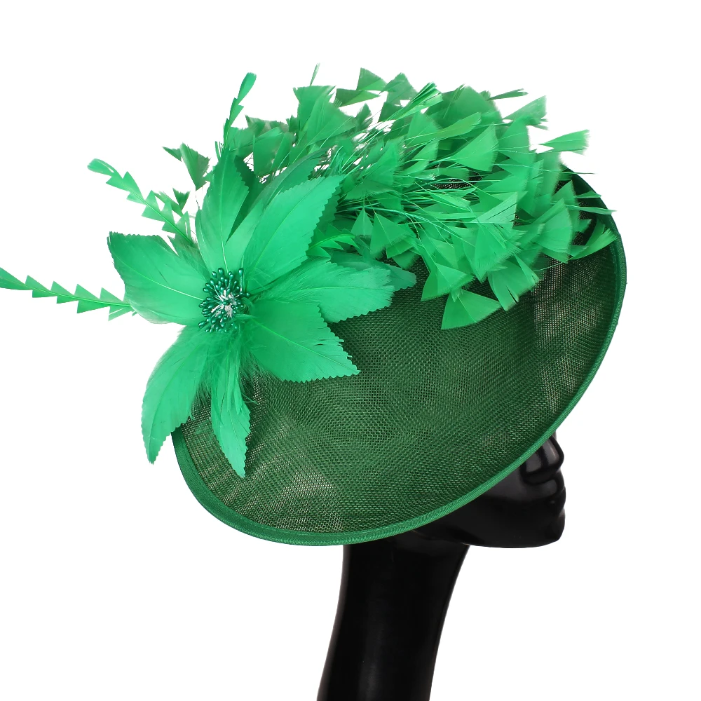 Big Hat Fedora With Flower Decor Green Formal Lady Fascinator Race Elegant Ladies Women Church Headpiece With Headband Chapeau