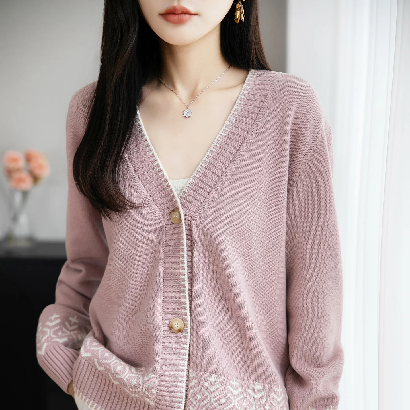 

Осенне-зимний новый женский жаккардовый свитер из 100% чистого хлопка, повседневный кардиган с круглым вырезом, свободная и мягкая женская куртка