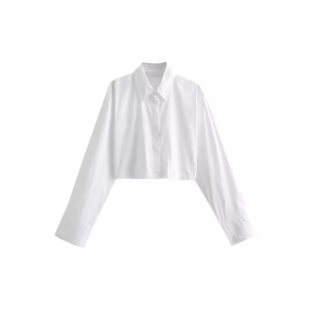 Women\'s Cropped Shirt Fashion Woman Blouse 2023 White Blue Striped Shirts and Blouses Autumn Long sleeve Short Top