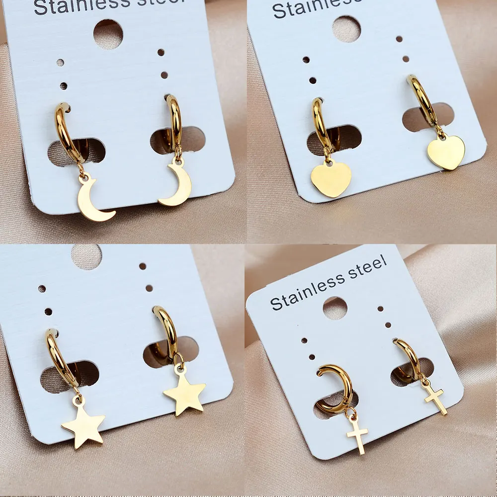 Gold Color Stainless Steel Punk Hip-Hop Geometric Cross Moon Heart Pendant Hoop Earring for Women Men Party Jewelry Accessories