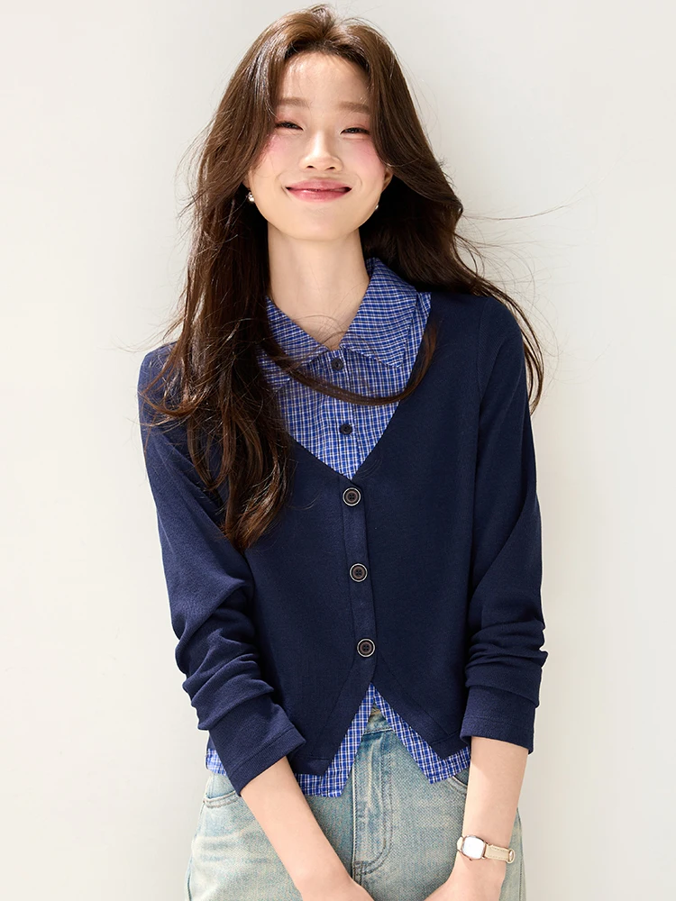 

Женский облегающий вязаный свитшот с воротником-имитацией двойки, осенне-зимняя новинка в студенческом стиле