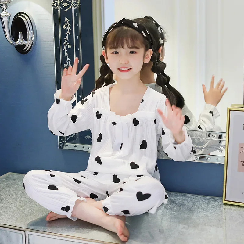 

New Girls Cute Bowknot Heart Cartoon Pajamas Long Sleeve Home Wear Sleepwear Kids Spring Summer Casual Clothing Sets Pyjamas
