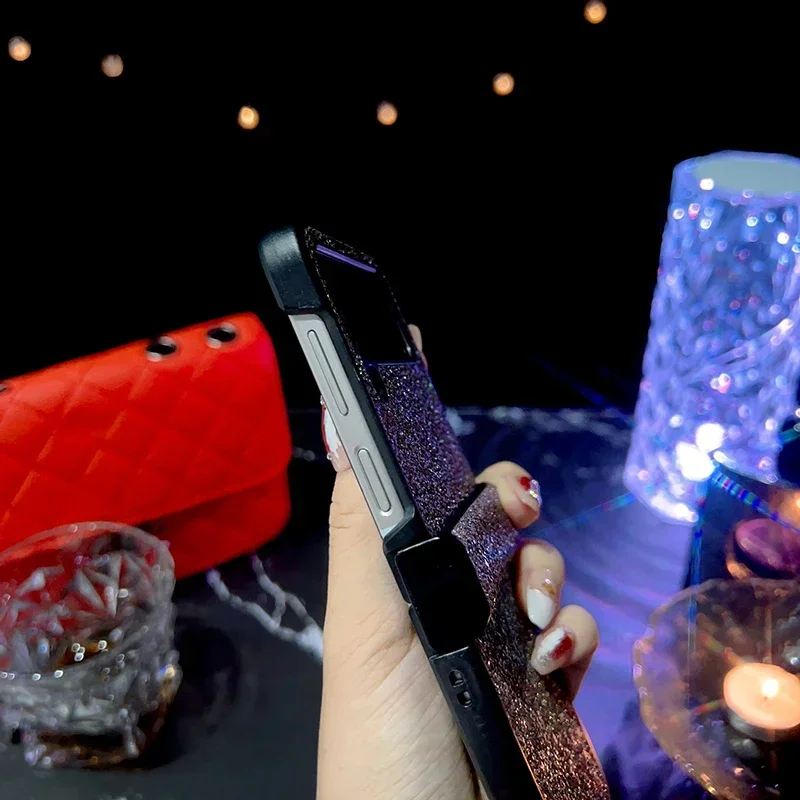 Gradient Glitter Sequins Trim Phone Case For Samsung Galaxy Z Flip 6 5 4 3 5G Soft TPU Frame Hinge Shockproof Cover