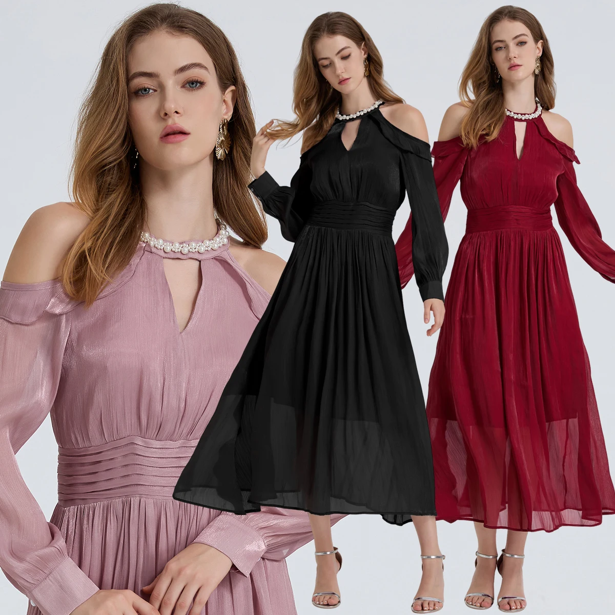 

French Romantic Long Sleeve Heavy duty Nail Bead Flowing Light Off Shoulder Dress Folding Waist Dress