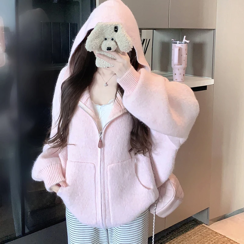 Sweet Hooded Knitted Cardigan Women Casual Loose Soft Zipper Sweater Fall Winter Solid All Match Warm Pocket Knitwear Outwear