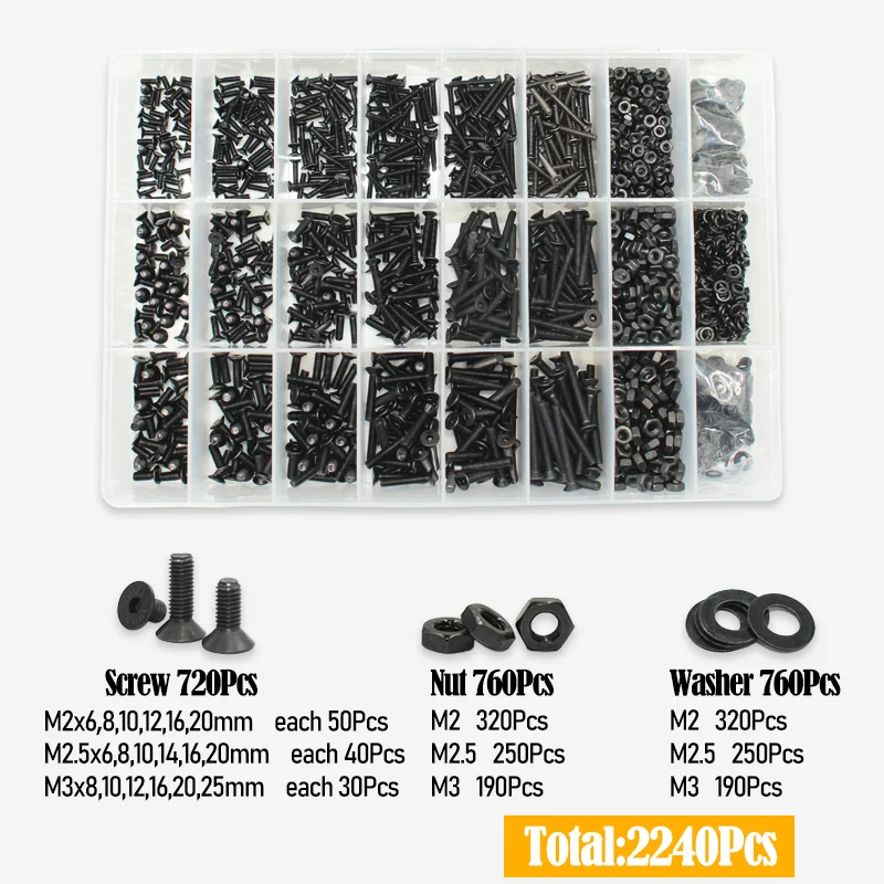 2520 Teile/satz Flachkopf Innensechskantschraube Schwarz Güteklasse 10,9 Stahl Innensechskant Flachsenkkopfschraube Bolzen Mutter Unterlegscheibe Kit – Detail 7