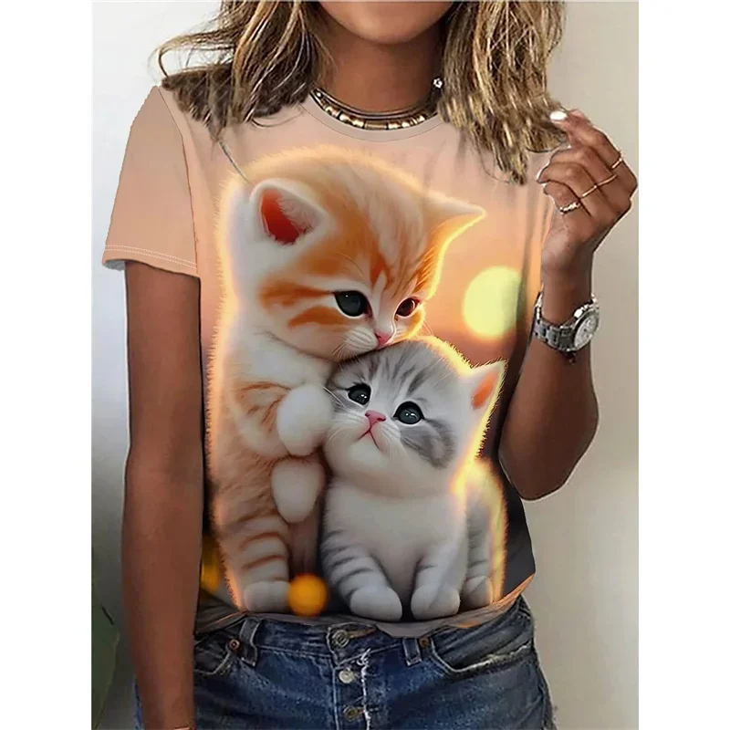 クールな猫柄Tシャツ レディース 可愛い動物 3Dプリント 半袖 夏 オーバーサイズTシャツ Oネック トップス ティー ストリートウェア