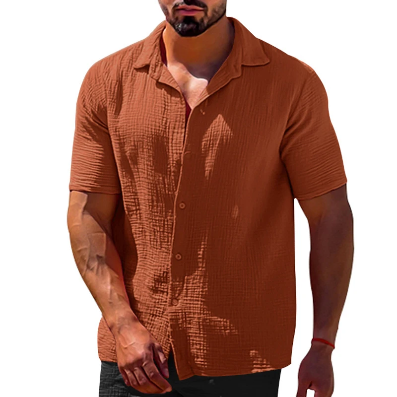 Camisa informal de lino y algodón para hombre, cárdigan de manga corta con botones y solapa, ropa de calle para primavera y verano, 2023