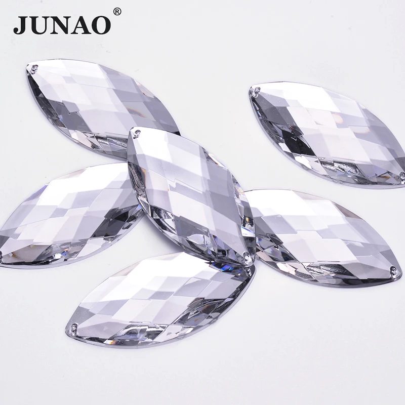 JUNAO Big Size 20Pcs 30*62mm Crystal AB Sew On Acrylic Stones Horse Eye Rhinestones Flat Back Stones For Clothes Decoration