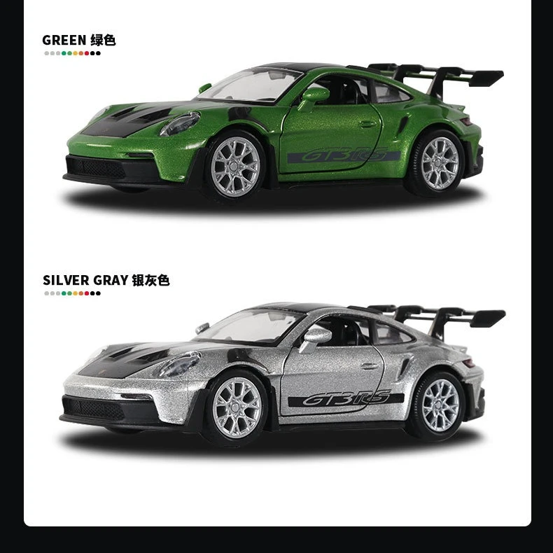 

1:36-дюймовая модель автомобиля Porsche 911 GT3 RS из сплава с регенеративной имитацией открытия двери, матовый зеленый цвет