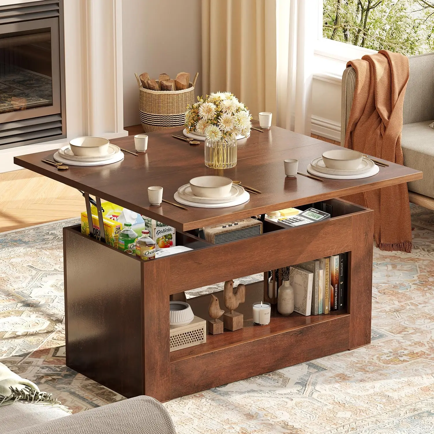 40"Walnut 4-in-1 Multi-Function Lift TopCoffeeTable - Convertibleto Dining Table with Storage&Hidden Compartment for Living Room