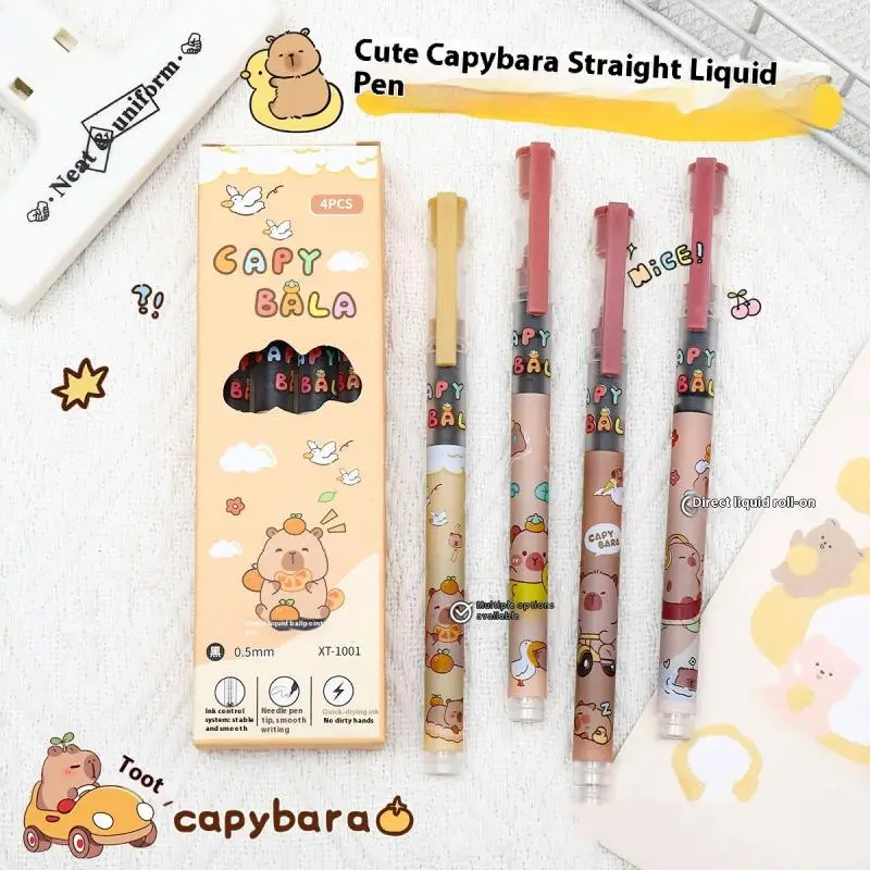 4Pcs Cute Capybara High-capacity Direct Liquid Ballpoint Pen Set Quickly-Drying Office School Supplies Stationery