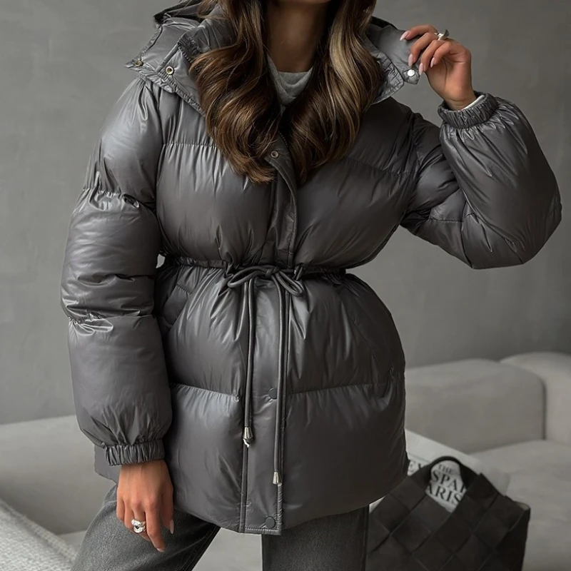 Thicken Cotton Jackets Women Standneck Zipper Long Sleeves Lace Up Detachable Hat Coats Female 2025 Winter Warm Fashion Outwears