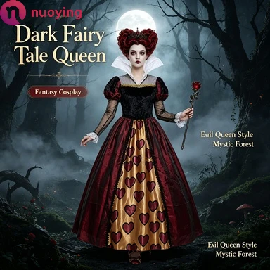 Costume di Halloween da Regina delle Cuori per donna, completo con abito lungo rosso e nero, corona e scettro, costume per il gioco di ruolo di Alice nel Paese delle Meraviglie, ideale per carnevale e