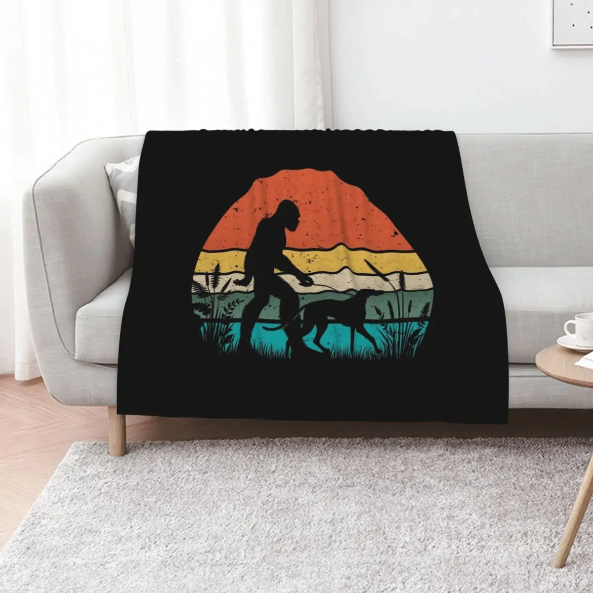 

Bigfoot Walking a Vizslas Dog Vintage Sunset Hiking Dog Lover Throw Blanket Plaid Soft Custom Beach Blankets