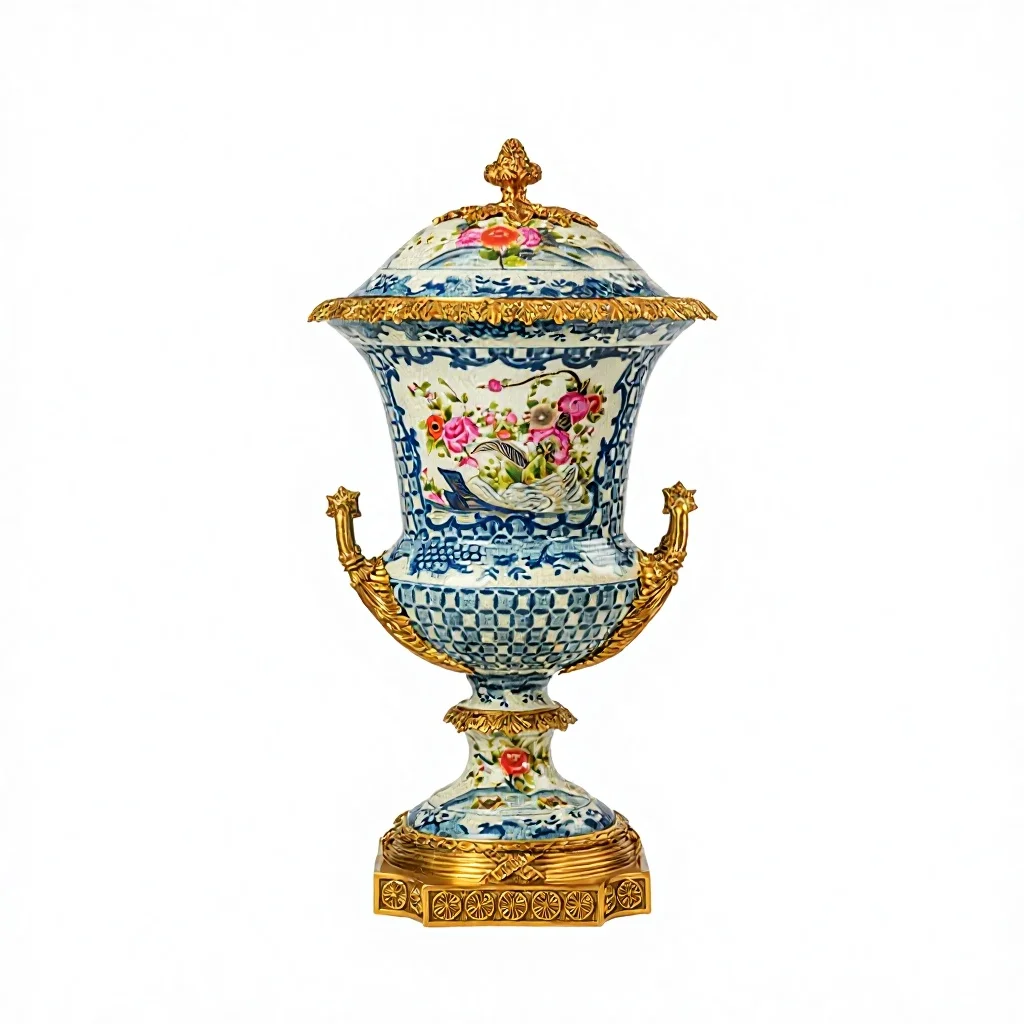 &c Luxury European Red & White Porcelain Lidded Jar with Copper Handles Painted Courtly Life Ornament for Decorative Usage