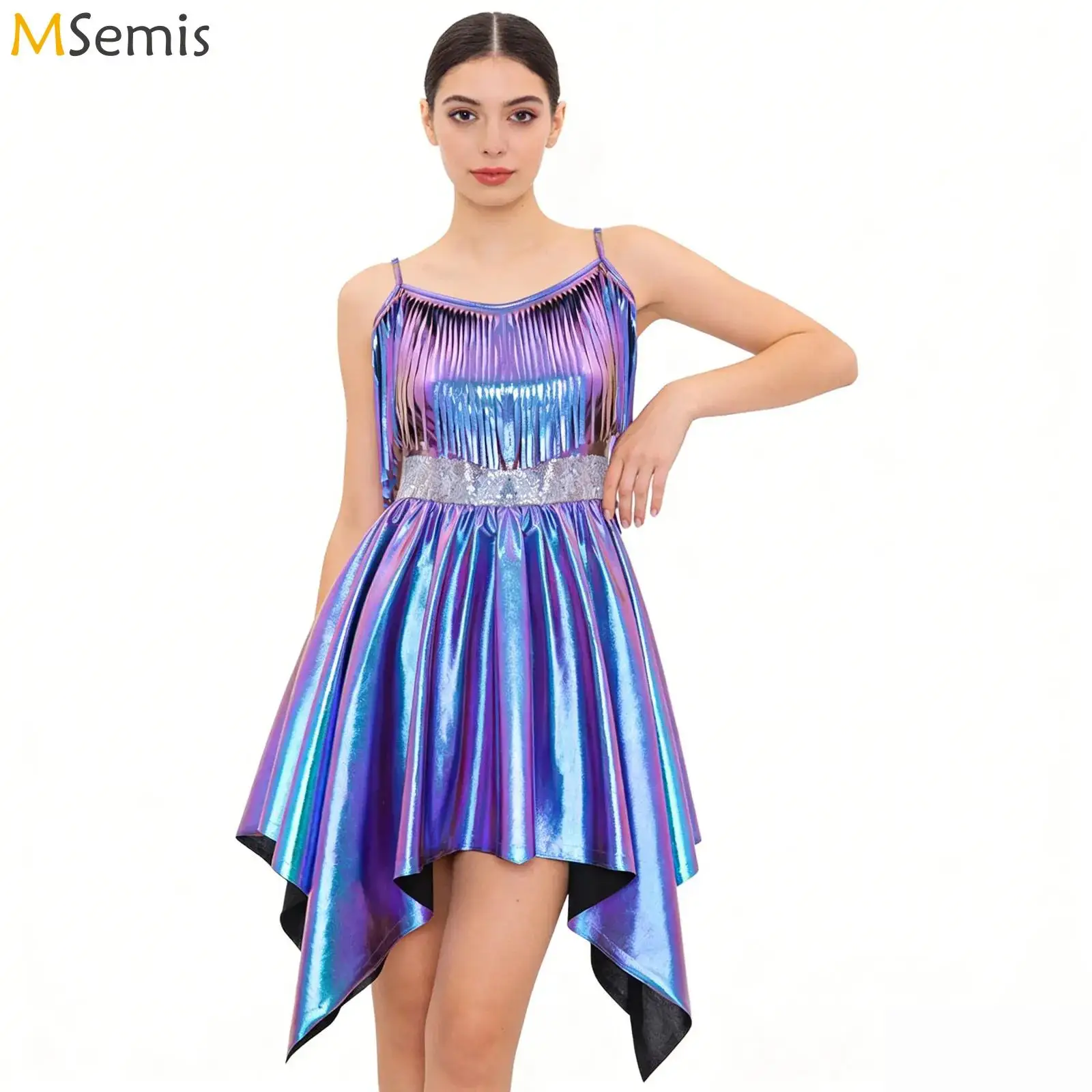

Womens Iridescent Metallic 80s Disco Dress Tassel Detail Sequined Waistline Irregular Hem Sling Mini Dress Rave Party Gown