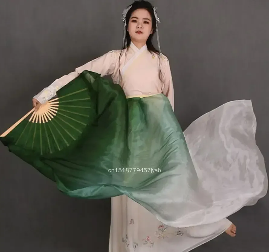 New Customized Dark Green White Silk Veil Belly Dance Fan Pairs (1L+1R) Women Oriental Dance Show Props 180cm