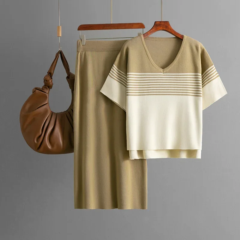 

Fashion Loose striped short sleeve V-neck knit split T-shirt+elastic waist Midi Skirt 2-piece set casual Women Skirt Suit Summer