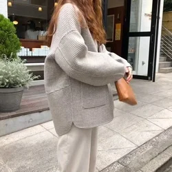 Short Woolen Plaid Coats Loose Casual Houndstooth Outerwear Female Office Lady Formal Clothing 2023 Korean Women Blazer Jackets