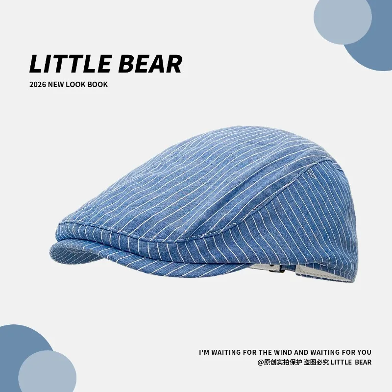 Ins Fresh Blue Striped Forward Hats Women Spring Summer Travel Sun Protection Versatile Thin Breathable Literary Berets for Men