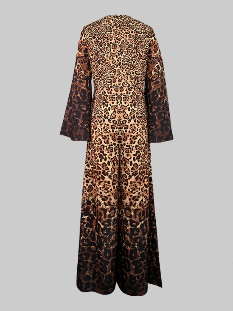 Yeuzzi moda donna tute a gamba larga stampate leopardate 2024 nuovo autunno maniche svasate girocollo eleganti abiti da sera per feste