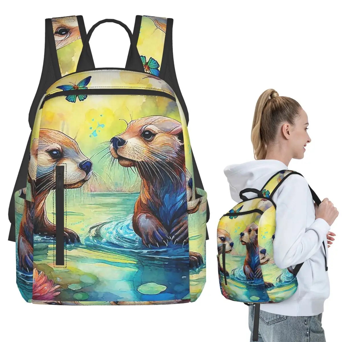 Otter In Water Pond Oil Painting Backpack Student BookBag Kids School Bag Laptop Shoulder Bags Men Women
