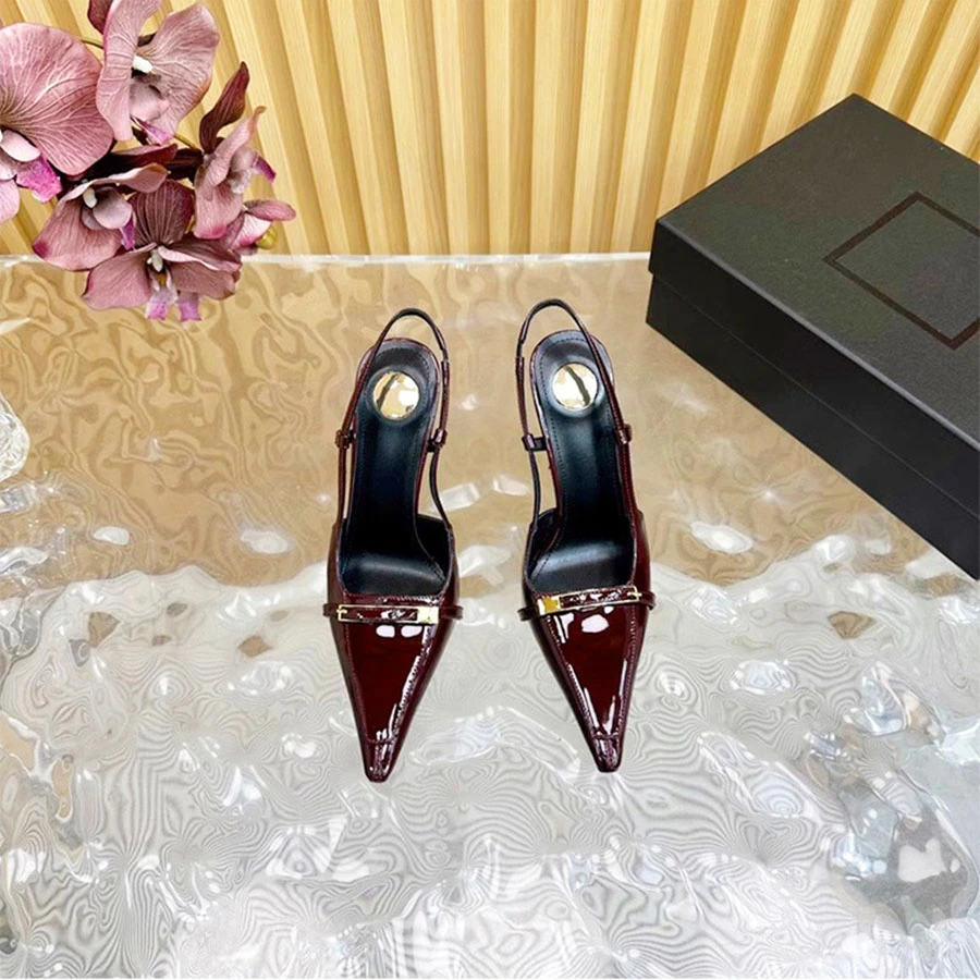 

2025 Summer New! Patent Leather Pointed Toe Metal Buckle Stiletto Heel Sandals