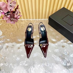 2025 Summer New! Patent Leather Pointed Toe Metal Buckle Stiletto Heel Sandals
