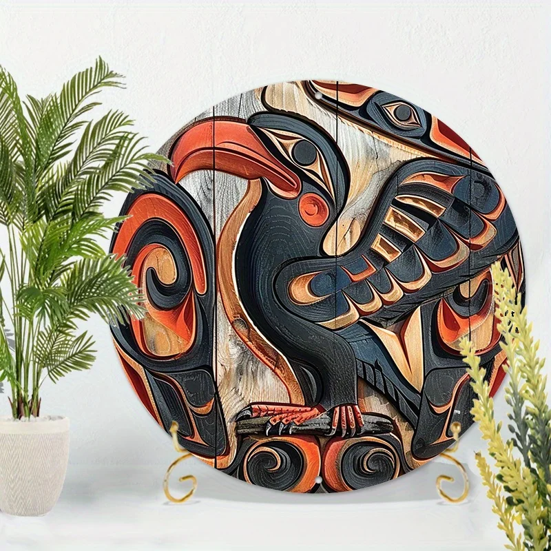 Tribal Sunbird Totem Round Aluminum Wall Art Decor - 8x8 Inch (20x20cm) Weather Resistant Home Decoration Wall Room Decor