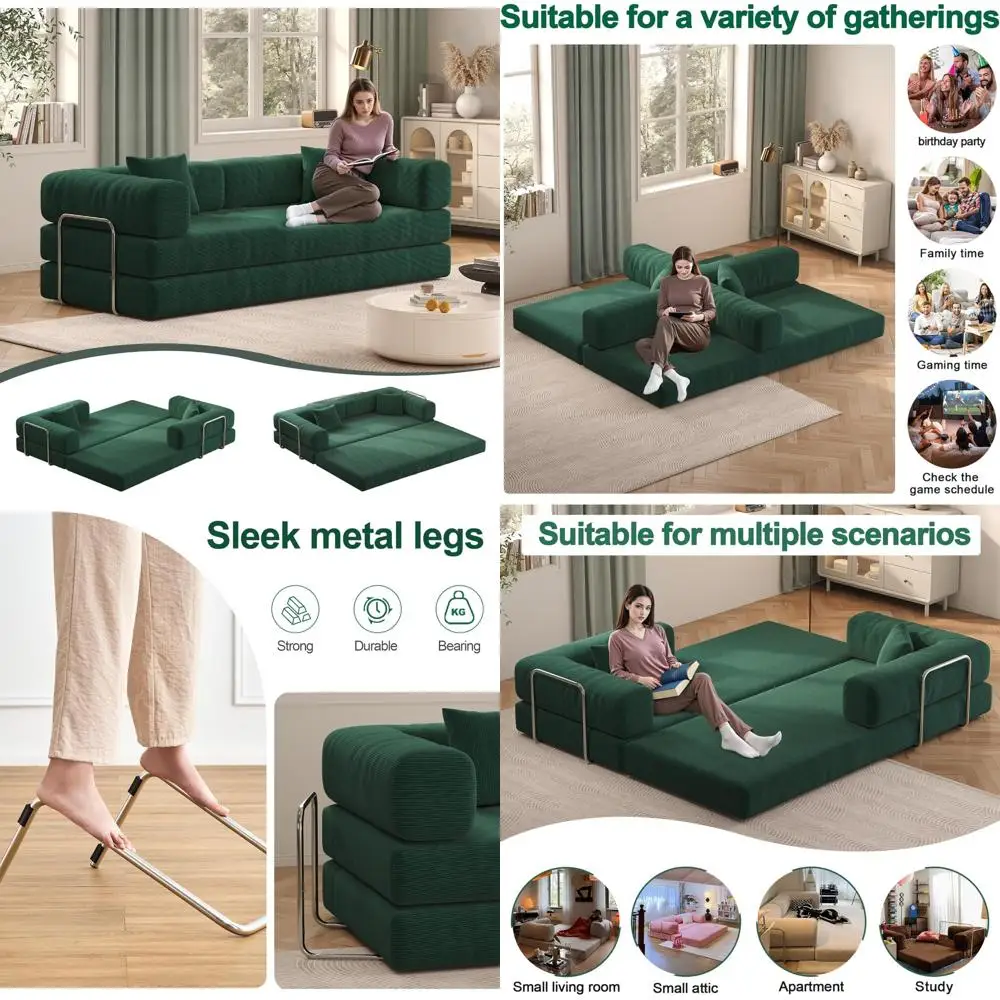 

79-inch corduroy convertible sofa bed with pillows and fixed-shape frame for living room