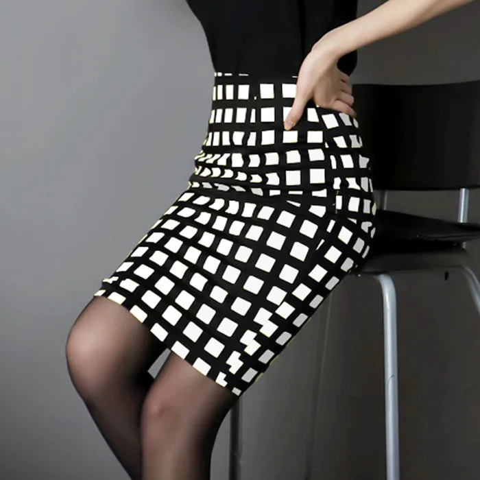 Plaid bag hip skirt large size S-3XL casual skirt ladies temperament high waist stretch pencil skirt office