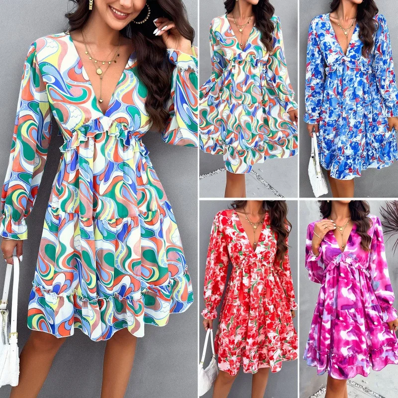 

DY-Women's Long Sleeve Dress, Temperament Printed Dress, Spring and Summer Clothes, 2024