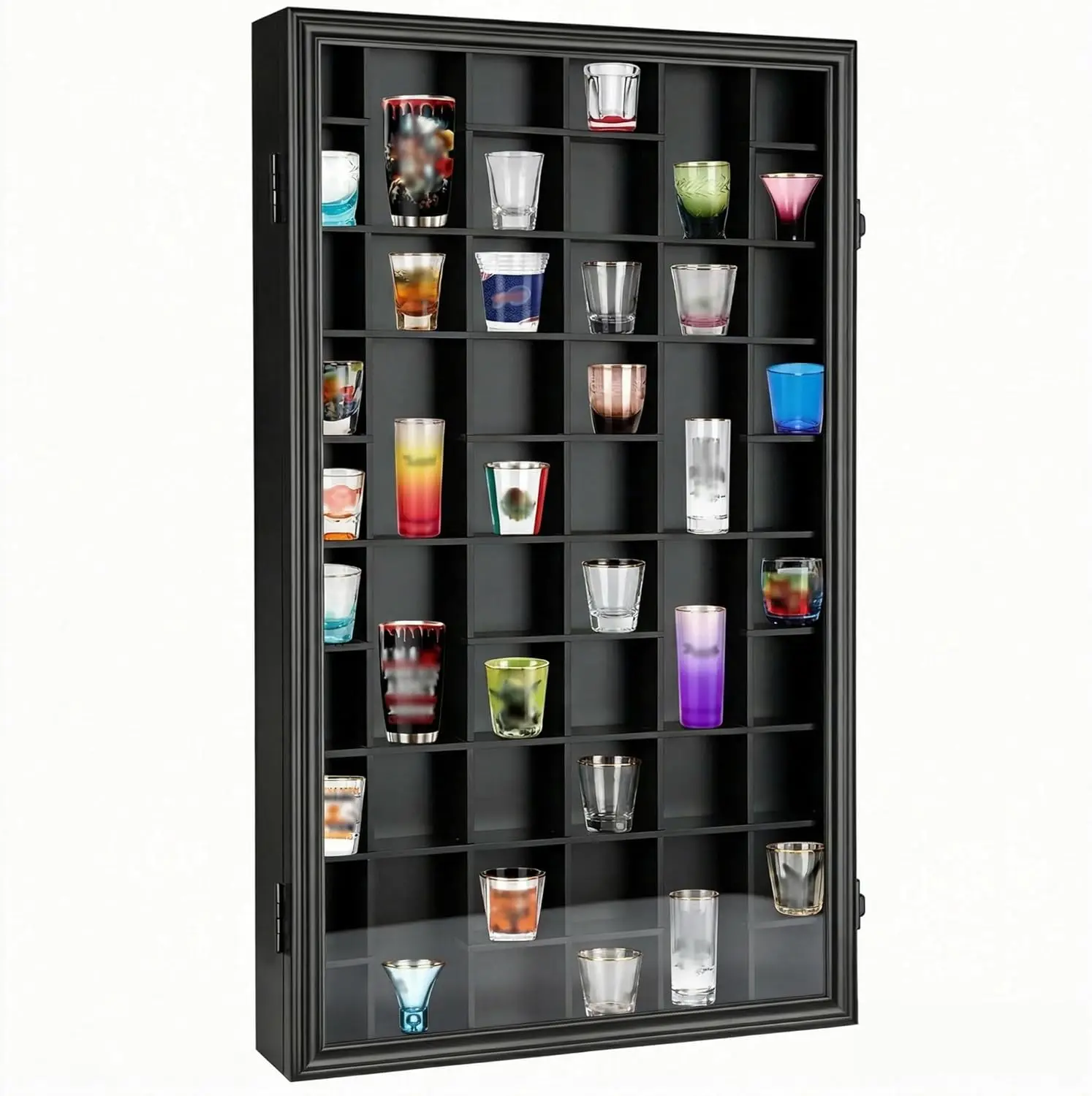 

Shot Glass Display Case 17"x32" 52 Slots, Lockable Wooden Wall Mounted Shadow Box Cabinet with UV Protection Acrylic Door, Re