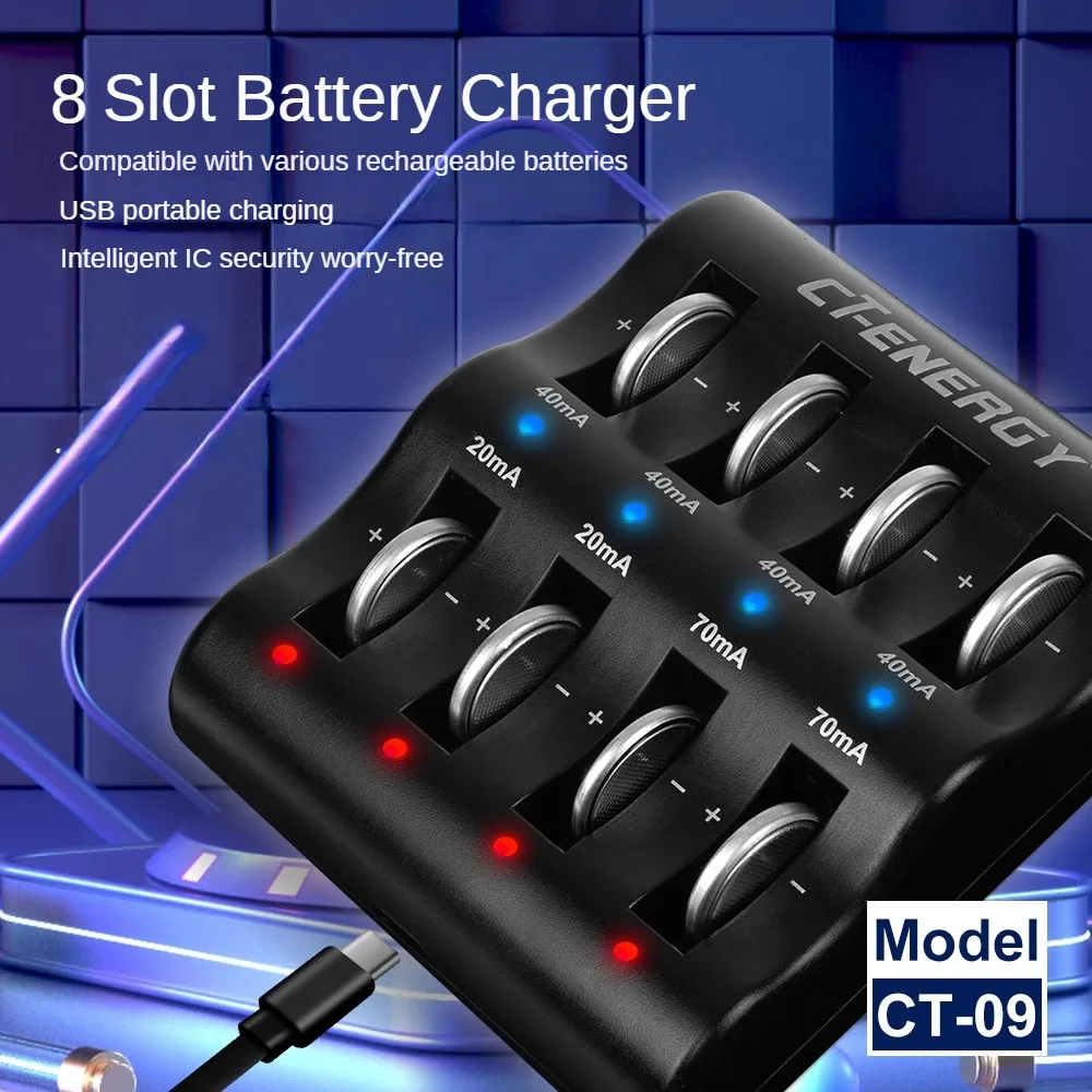 

8 Slot Lithium Coin Battery Smart Charger Travel Portable Charger For 1220 1240 1620 1632 2032 2025 2016 2430 2440 2450 2477