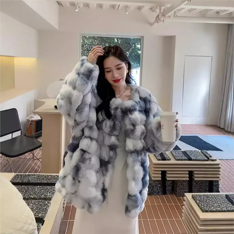 Nowy płaszcz damski z mieszanki futra i pluszu, luźny, z nadrukiem, puszysty, gruby, w stylu tie-dye.