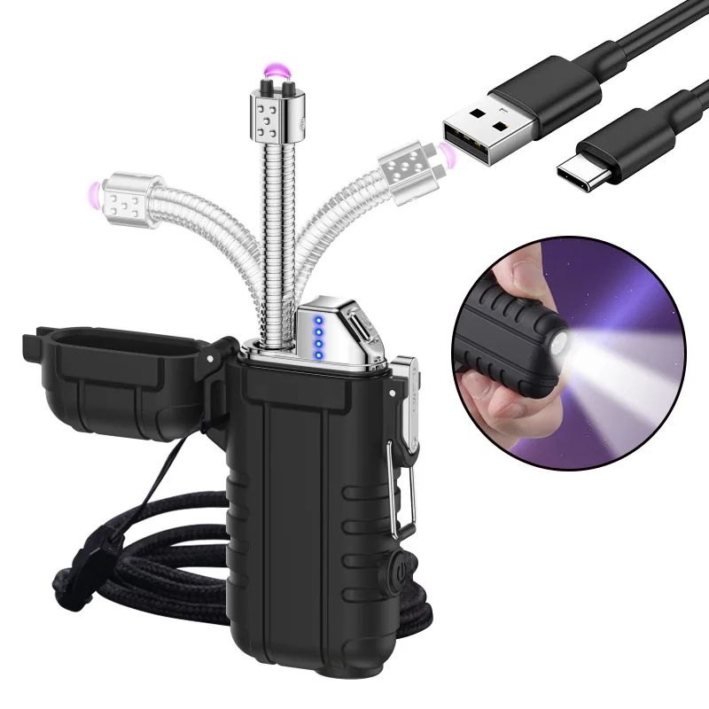 

Наружный водонепроницаемый перезаряжаемый прикуриватель, выдвижной 360° ° Перезаряжаемая зажигалка с вращающимся шлангом типа C и фонарями для кемпинга